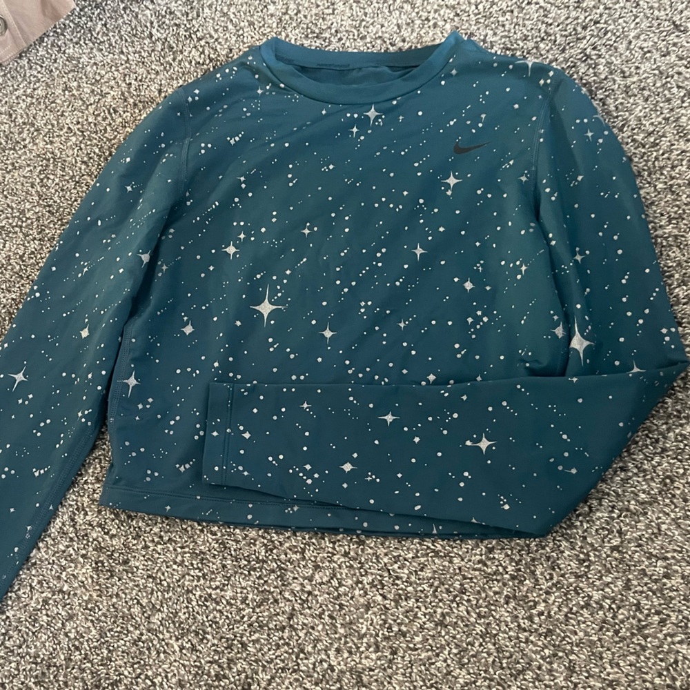 Nike Pro Dri-Fit Teal Silver Star Sparkles Active Long Sleeve Cropped Shirt S